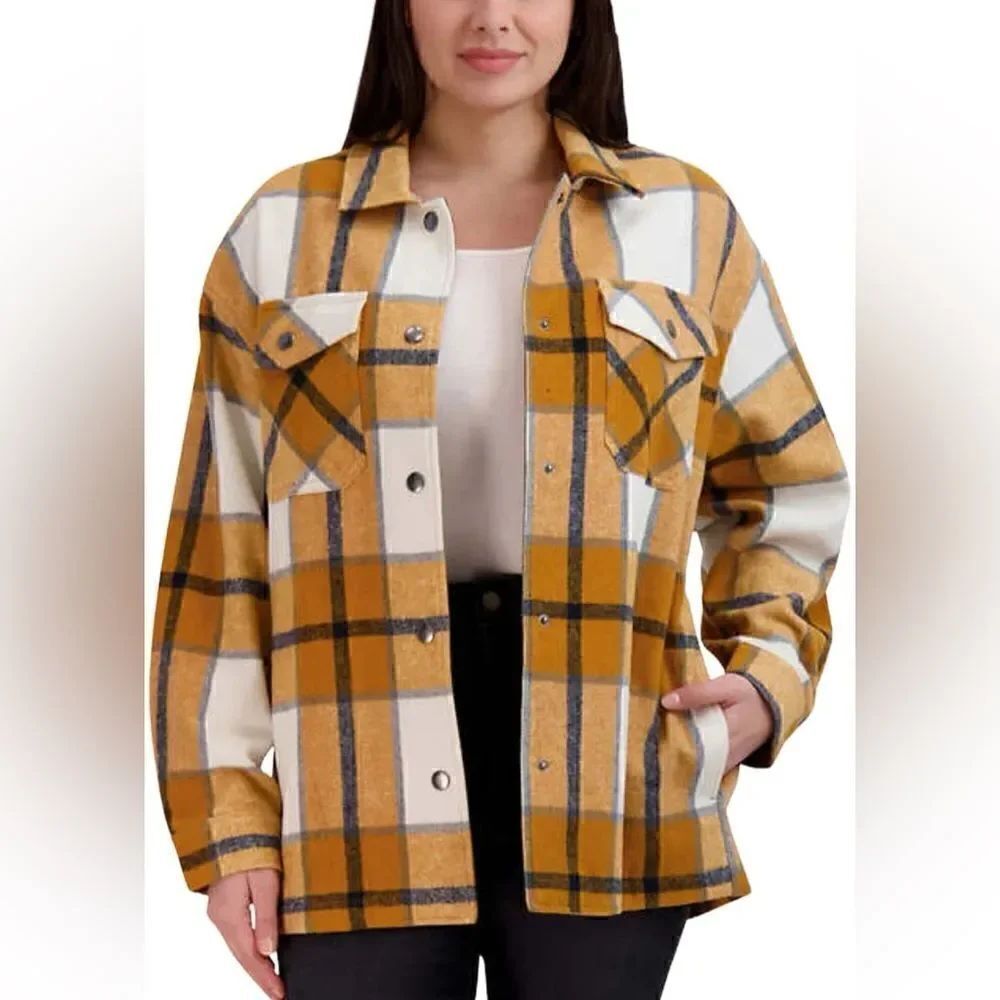 HFX Ladies’ Shirt Jacket plaid yellow size medium